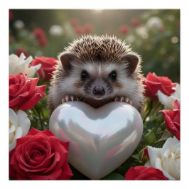 かわいい6月のハリネズミとパールハート ポスター