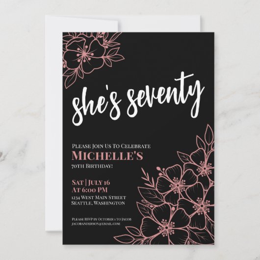 かわいい70ブラックバラ金ゴールド70thバースデーパーティー 招待状 (正面)