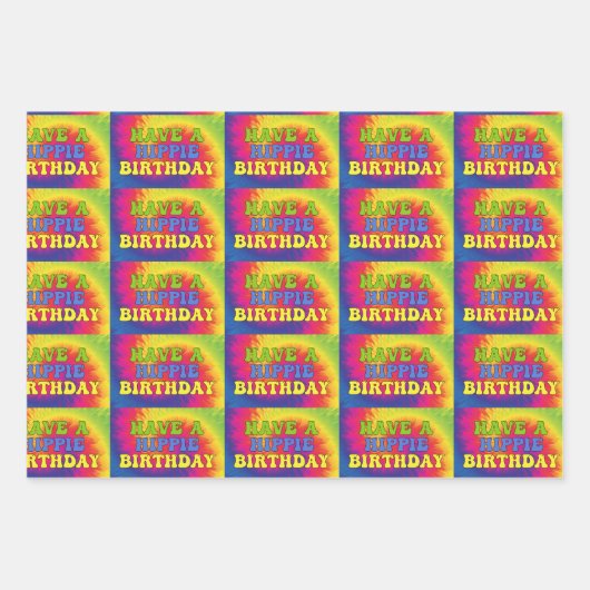 かわいい70年代のヒッピー誕生日絞り染めカラフルを持っている ラッピングペーパーシート (正面3)