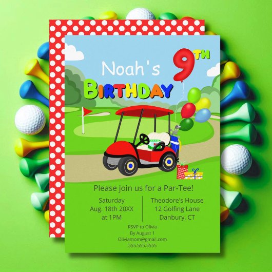 かわいい9歳の誕生日 赤いゴルフカート 男の子用 招待状