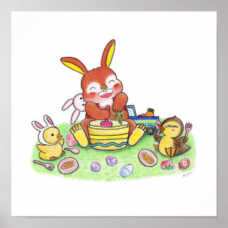かわいい　うさぎ　カモ　料理　子供部屋　色鉛筆画 ポスター
