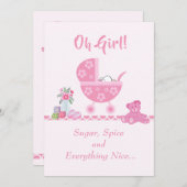 かわいい「おお女の子」ベビー車のベビーシャワー 招待状 (正面/裏面)