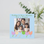 かわいい，おもしろいフォト春チューリップ，ハッピーイースターの願い シーズンカード (スタンド正面)