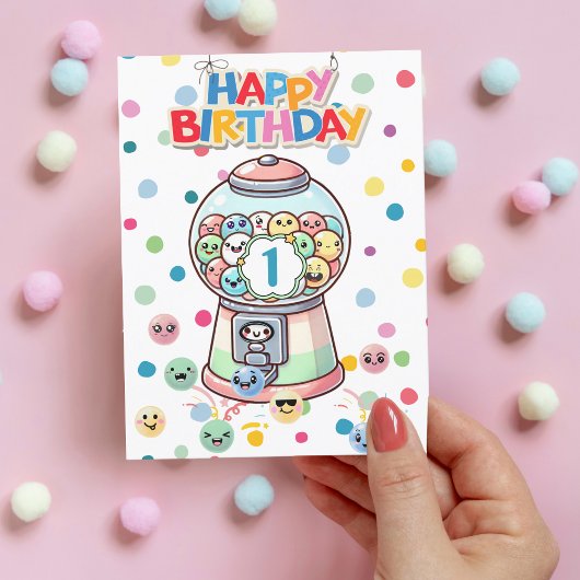 かわいい+おもしろい+ファンシーなガムボール、オーダーメイドの1歳の誕生日 カード