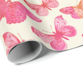 かわいい お嬢さんっぽい ファンシー ピンク 蝶々 パターン ラッピングペーパー (ロールコーナー)