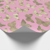 かわいい お嬢さんらしい ゴールデン ベージュ 蝶々模様 ピンク ラッピングペーパー (角)