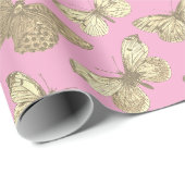 かわいい お嬢さんらしい ゴールデン ベージュ 蝶々模様 ピンク ラッピングペーパー (ロールコーナー)