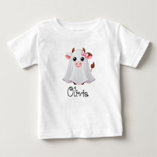 かわいい，お洒落牛の幽霊,名前をカスタムする，ハロウィーン ベビーTシャツ (正面)