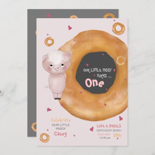 かわいい「かわいい子豚」 | "愛とベーグル" 招待状 (正面/裏面)