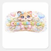 かわいい かわいい おめでとう 猫 パステル ピンク 花 スクエアシール (正面)