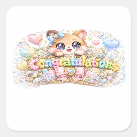 かわいい かわいい おめでとう 猫 パステル ピンク 花 スクエアシール (正面)