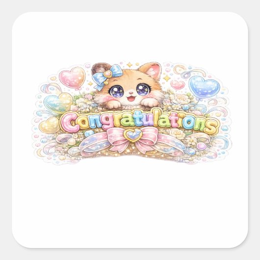 かわいい かわいい おめでとう 猫 パステル ピンク 花 スクエアシール (正面)