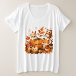 かわいい かわいい 秋のかぼちゃ キツネ フクロウの動物たち プラスサイズTシャツ