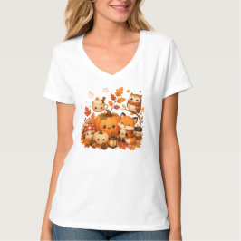 かわいい かわいい 秋のかぼちゃ キツネ フクロウの動物たち Tシャツ