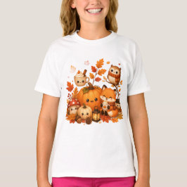 かわいい かわいい 秋のかぼちゃ キツネ フクロウの動物たち Tシャツ