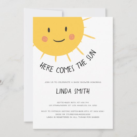 かわいい ここに太陽がやってくる ベビーシャワー 招待状 (正面)