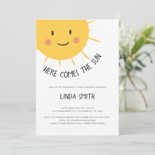 かわいい ここに太陽がやってくる ベビーシャワー 招待状 (スタンド正面)