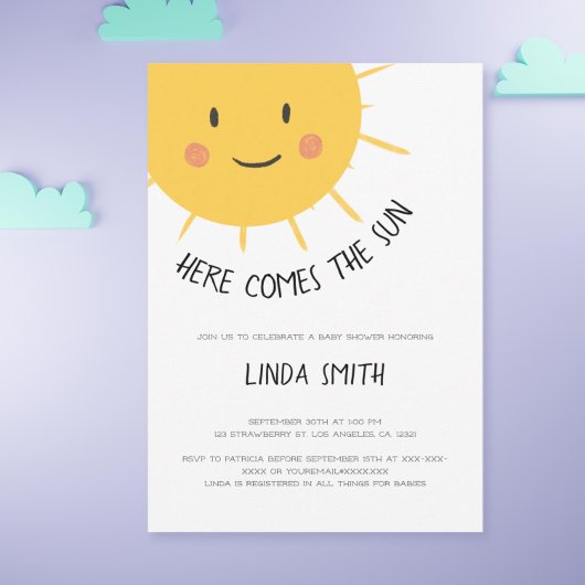 かわいい ここに太陽がやってくる ベビーシャワー 招待状