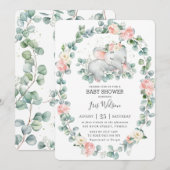 かわいい ねむねむ 象さん 緑の 赤ちゃんの お披露目 女の子 招待状 (正面/裏面)