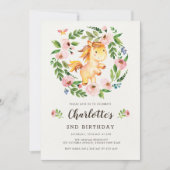 かわいい ほっぺが赤い ピンクの花の馬のポニー 女の子の誕生日 招待状 (正面)