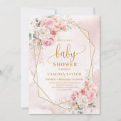 かわいい ほんのりピンク ゴールドグリッター 花のベビーシャワー 招待状 (正面)