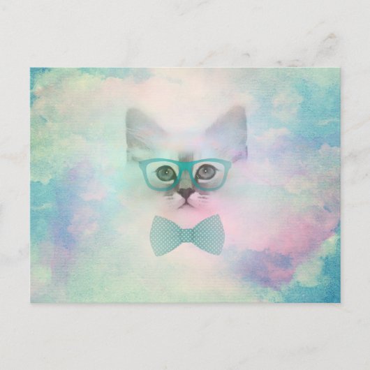 かわいい アドリブ フunny 水彩画 キッテン メガネ ポストカード (正面)