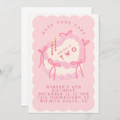 かわいい アドリブ Vintage ハート ケーキ 2歳の誕生日 招待状 (正面/裏面)