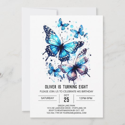 かわいい エレガントな蝶の男の子の誕生日 招待状 (正面)