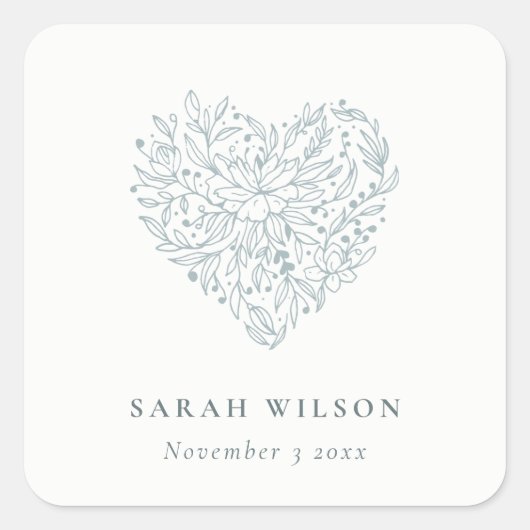 かわいい エレガント おしゃれ ミニマル ダスキーブルー 花 ハート スクエアシール (正面)