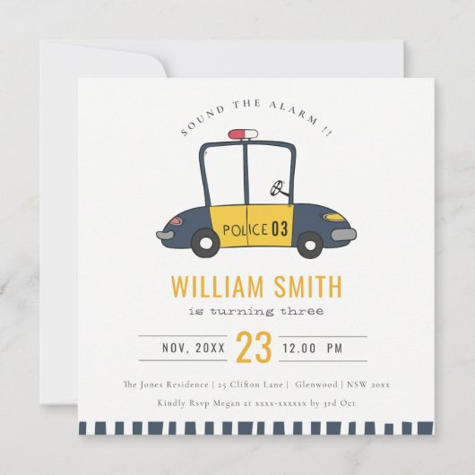 かわいい エレガント ネイビー 警察車両 子ども 誕生日 招待状 (正面)