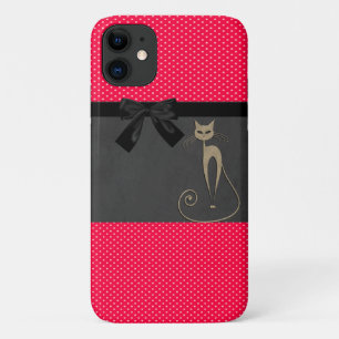 かわいい エレガント 赤い 水玉 黒い リボン 猫 iPhone 11 ケース