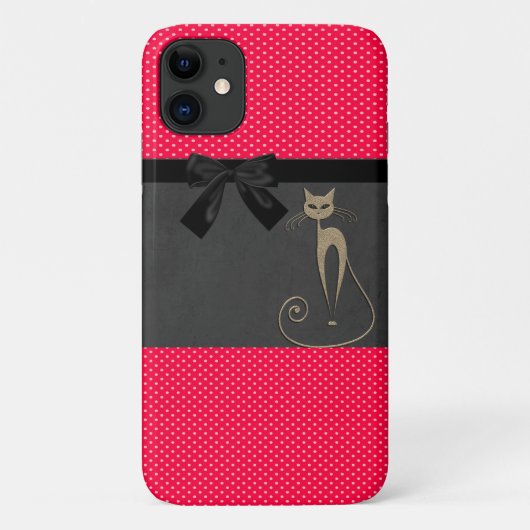 かわいい エレガント 赤い 水玉 黒い リボン 猫 Case-Mate iPhoneケース (裏面)
