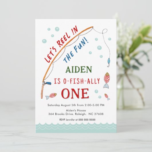 かわいい オフィシャル ワン フィッシング 1歳の誕生日 招待状 (スタンド正面)