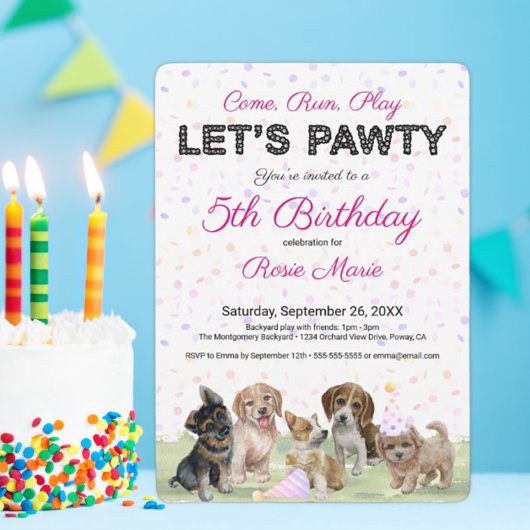 かわいい オリジナル ピンクの子犬の誕生日パーティー 招待状