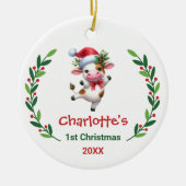 かわいい オリジナル 赤ちゃんの最初のクリスマス 牧場の牛 セラミックオーナメント (正面)