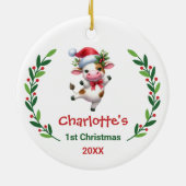 かわいい オリジナル 赤ちゃんの最初のクリスマス 牧場の牛 セラミックオーナメント (裏面)