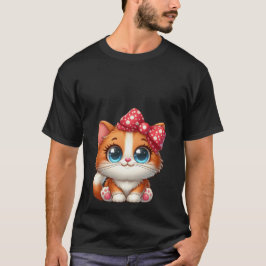 かわいい+オレンジの子猫+赤い水玉リボン+猫 Tシャツ