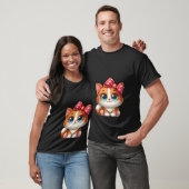 かわいい+オレンジの子猫+赤い水玉リボン+猫 Tシャツ (ユニセックス)