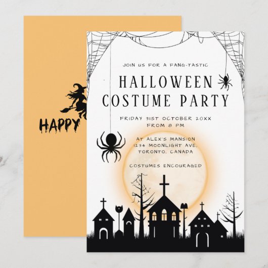 かわいい オレンジ＆ブラック 大人 ハロウィン 衣装 パーティー 招待状 (正面/裏面)