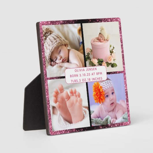 かわいい オーダーメイド 新生児 女の子 誕生情報 4枚の写真 フォトプラーク (正面)