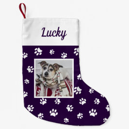 かわいい オーダーメイド 犬の写真 名前 紫 白い足あと クリスマス ブーツ スモールクリスマスストッキング