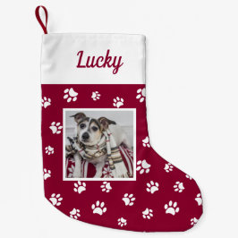 かわいい オーダーメイド 犬の写真 名前 赤 白 足跡 スモールクリスマスストッキング