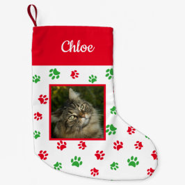 かわいい オーダーメイド 猫 写真 名前 赤 緑 足跡 スモールクリスマスストッキング