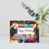 かわいい、カラフルな花火、風船、誕生日 ポストカード (スタンド正面)