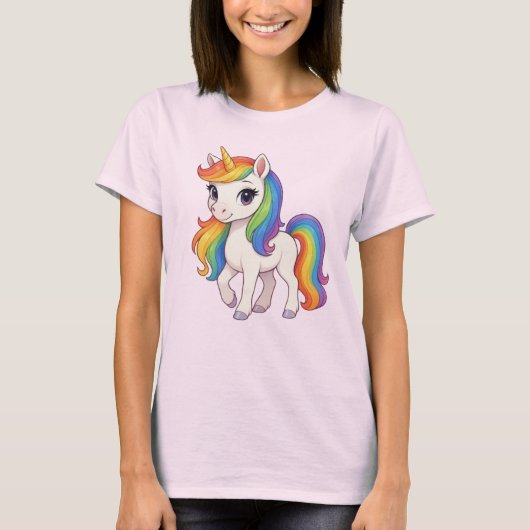 かわいい、カラフルな虹のユニコーン Tシャツ (正面)