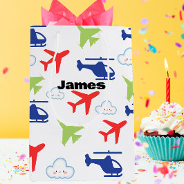 かわいい カラフルな飛行機 & 雲 エアヴィエーター オーダーメイド ミディアムペーパーバッグ