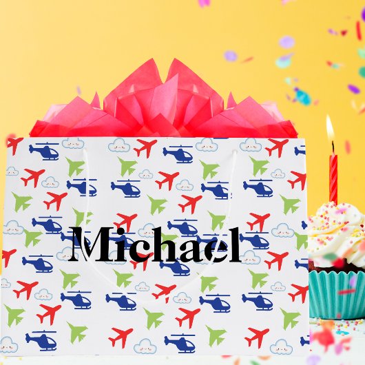 かわいい カラフルな飛行機 & 雲 エアヴィエーター オーダーメイド ラージペーパーバッグ