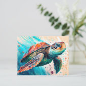 かわいい カラフルな 泳ぐ ウミガメ ポストカード (スタンド正面)