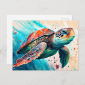 かわいい カラフルな 泳ぐ ウミガメ ポストカード (正面/裏面)
