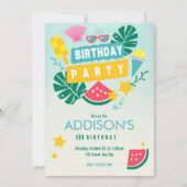 かわいい カラフルな 熱帯の 夏の プール 誕生日パーティー 招待状 (正面)